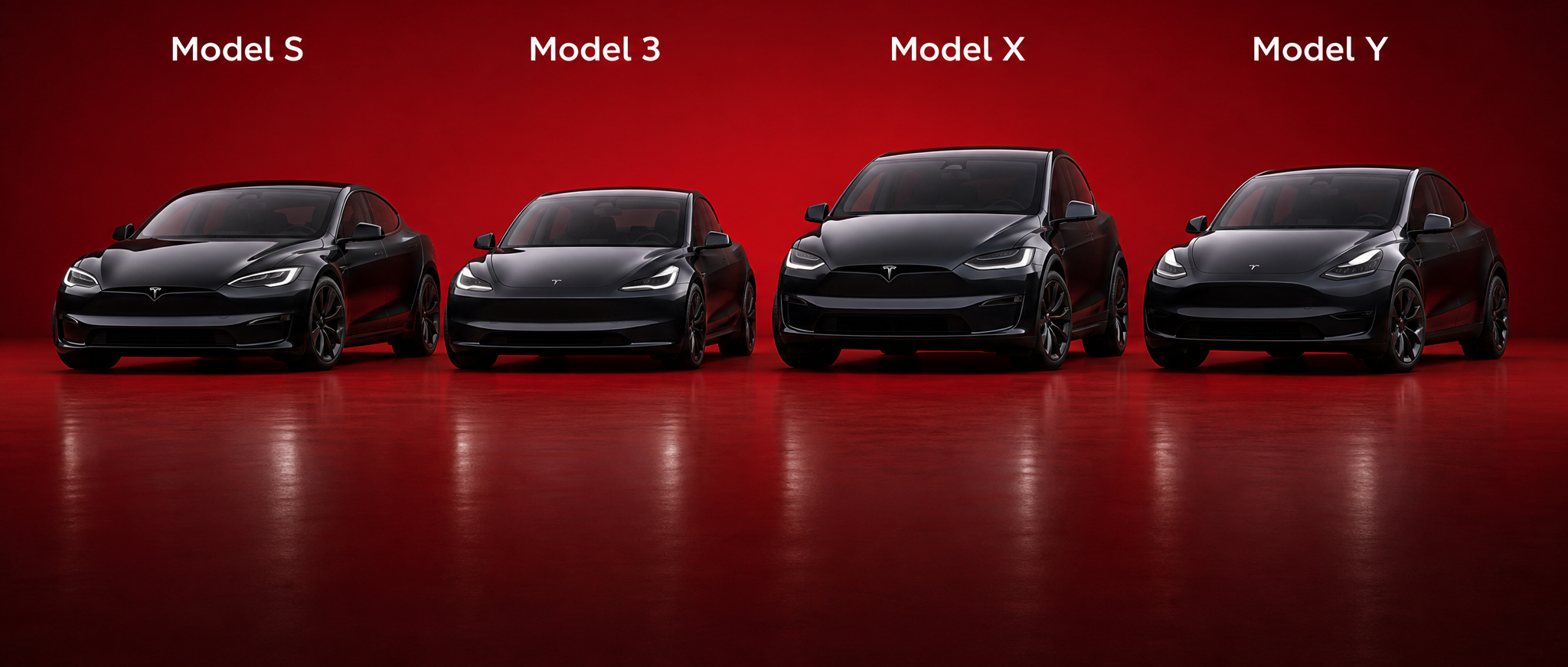 Model S, Model 3, Model X and Model Y lined up
